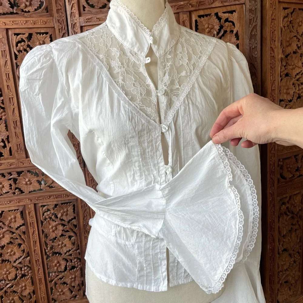 Victorian-Inspired Western White Cotton Lace High-Neck Button Down bell sleeve - Picture 10 of 13